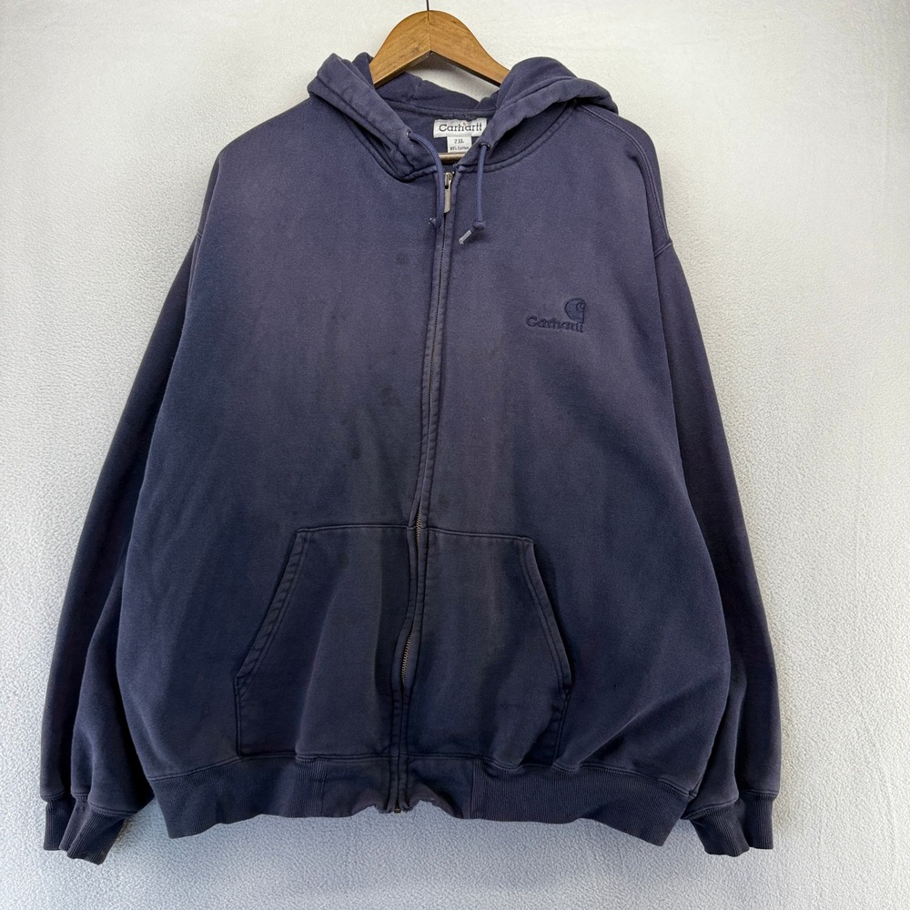 Vintage Carhartt Hoodie Mens 2XL Blue Zip Workwear Heavyweight Distressed y2k